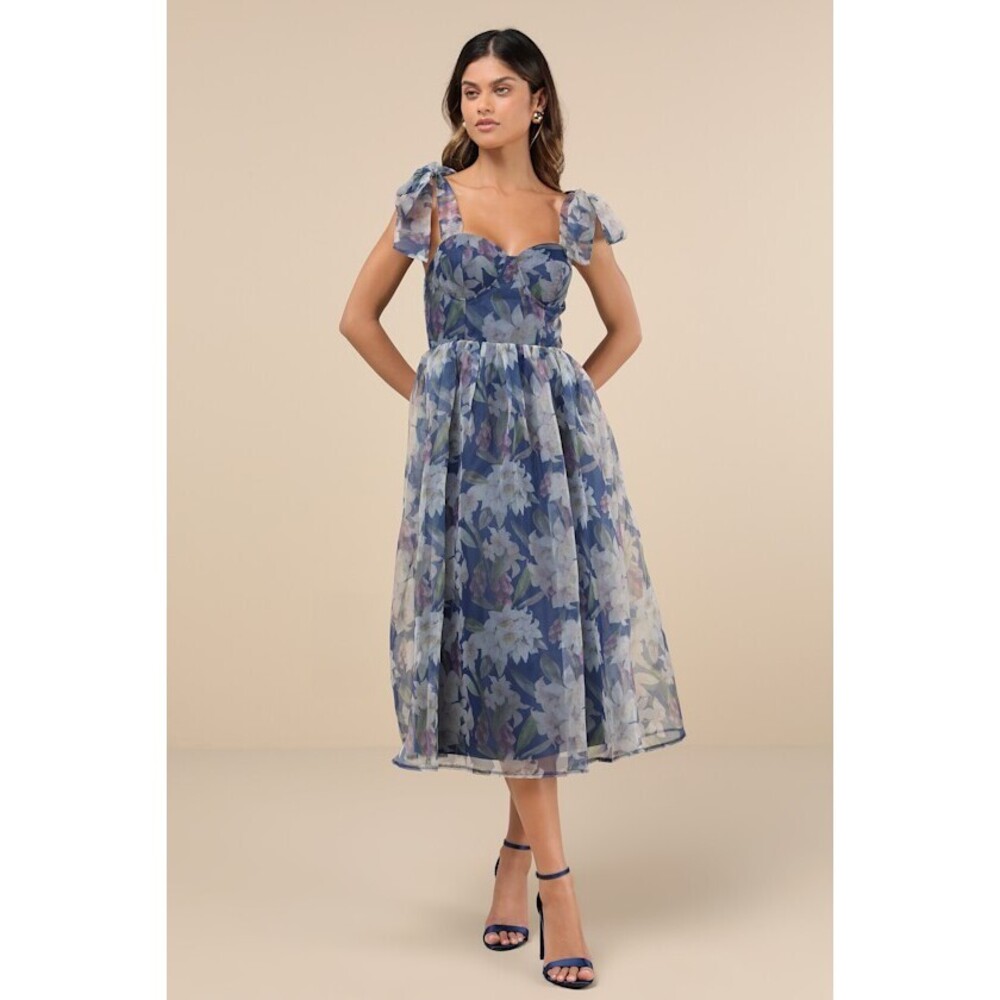 Lulus Exceptionally Marvelous Blue Floral Organza Bustier Midi Dress - Size XL